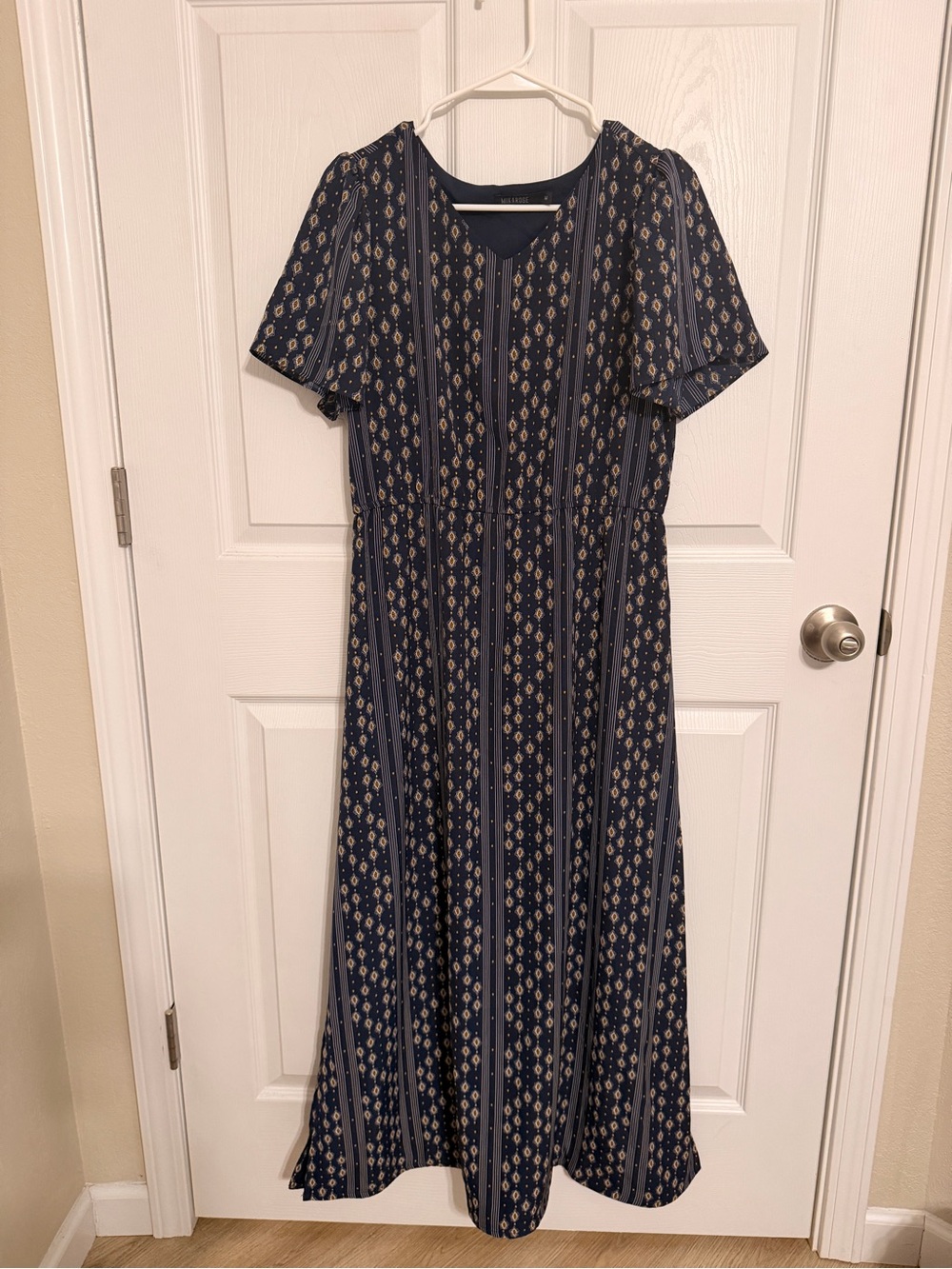 Mikarose Navy Print Maxi Dress Size M Modest V Neck Short Sleeve Lined